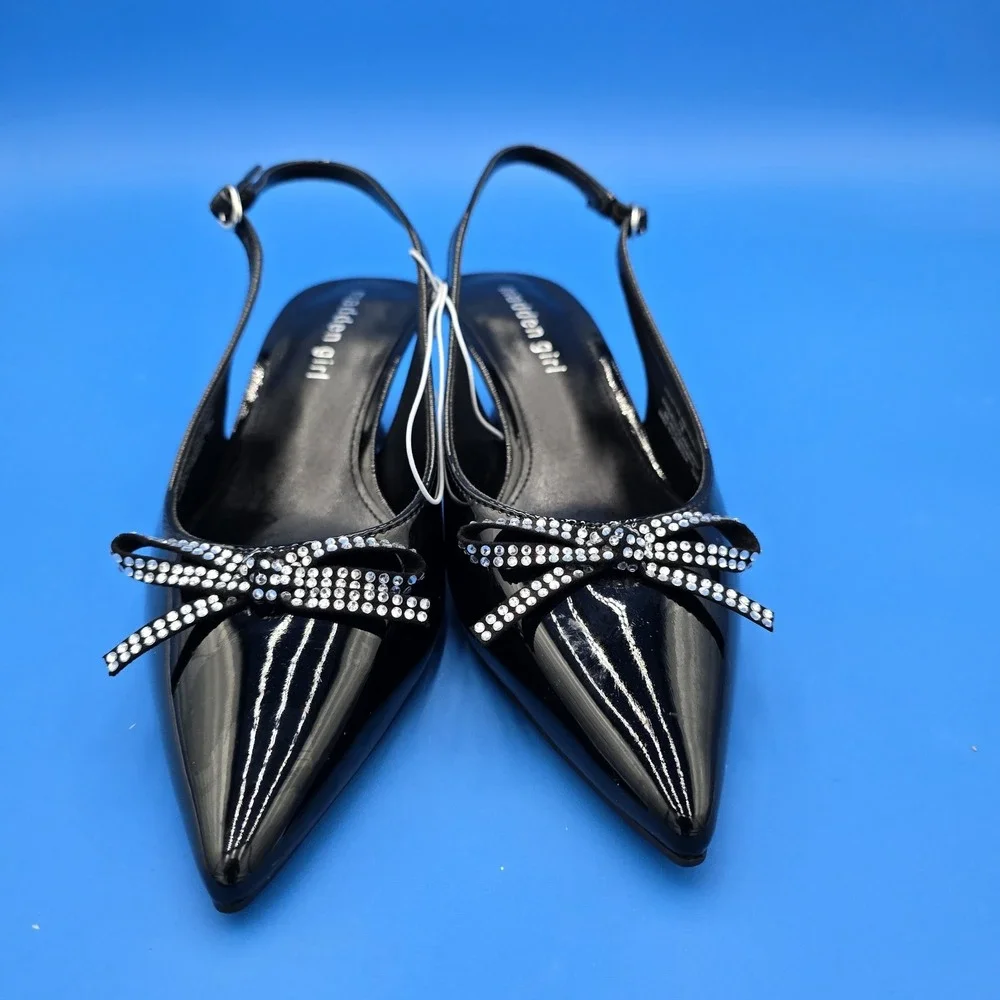 MADDEN GIRL WOMEN'S VIOLETTEE BLACK PATTENT‎ SLINGBACKS Rhinestone Bow 7M NWOB